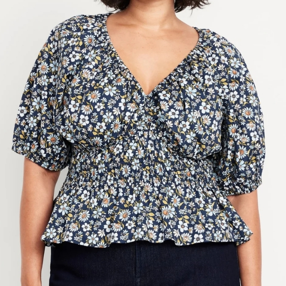 Old‎ Navy Smocked Vneck Peplum Peasant Blue Floral Puff Sleeve Boho SzXL